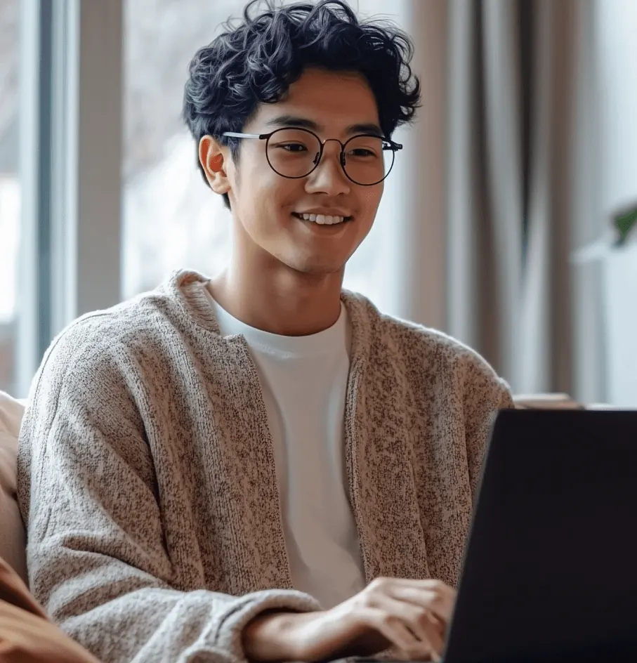 Profissional sorrindo diante de um notebook