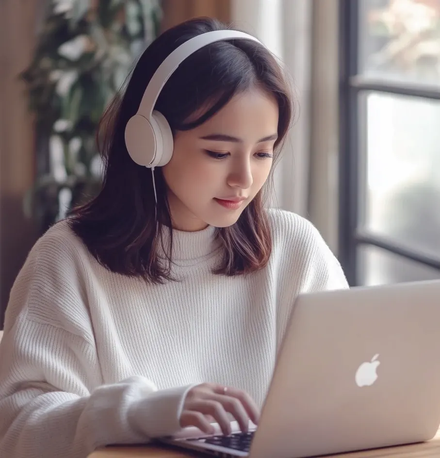 Profissional de fones de ouvido estudando em um notebook